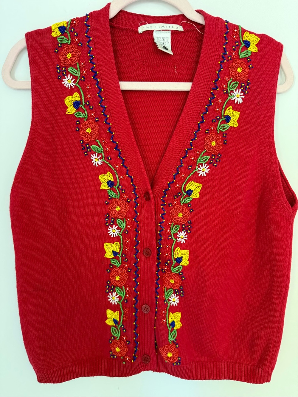 Vintage The Limited Red Beaded Floral Sweater Vest 100% Cotton Button Front